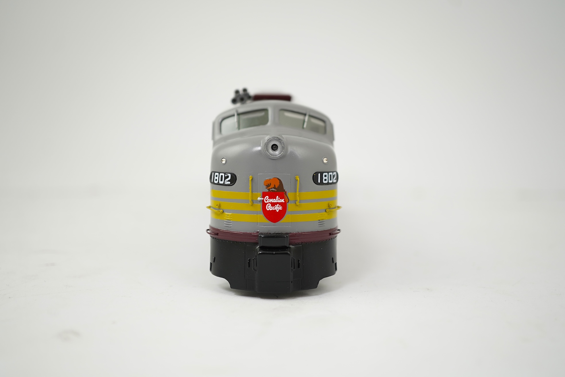 A boxed HO gauge Overland Models Inc. model of Canadian Pacific Railway E8A, 1802, Co-Co diesel locomotive, powered for two rail operation.